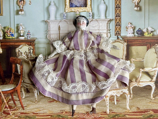 Antique German Miniature Dollhouse 4” Flat Top China Shoulder Head Lady Doll