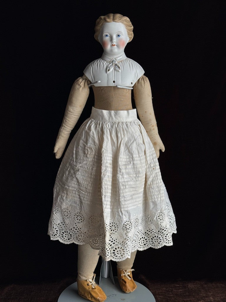 Large Antique German Kling 27” Dresden China Parian Molded Shoulder Head Doll