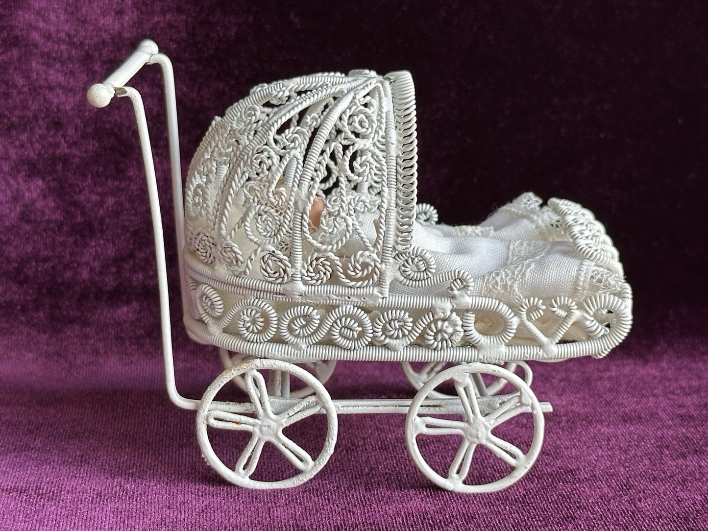All Porcelain Signed Miniature Hilda (?) Dollhouse Baby Doll in Metal Buggy