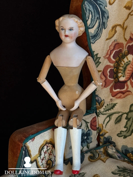 Vintage 5.5” Miniature Reproduction Porcelain Head Wood Body Dollhouse Doll