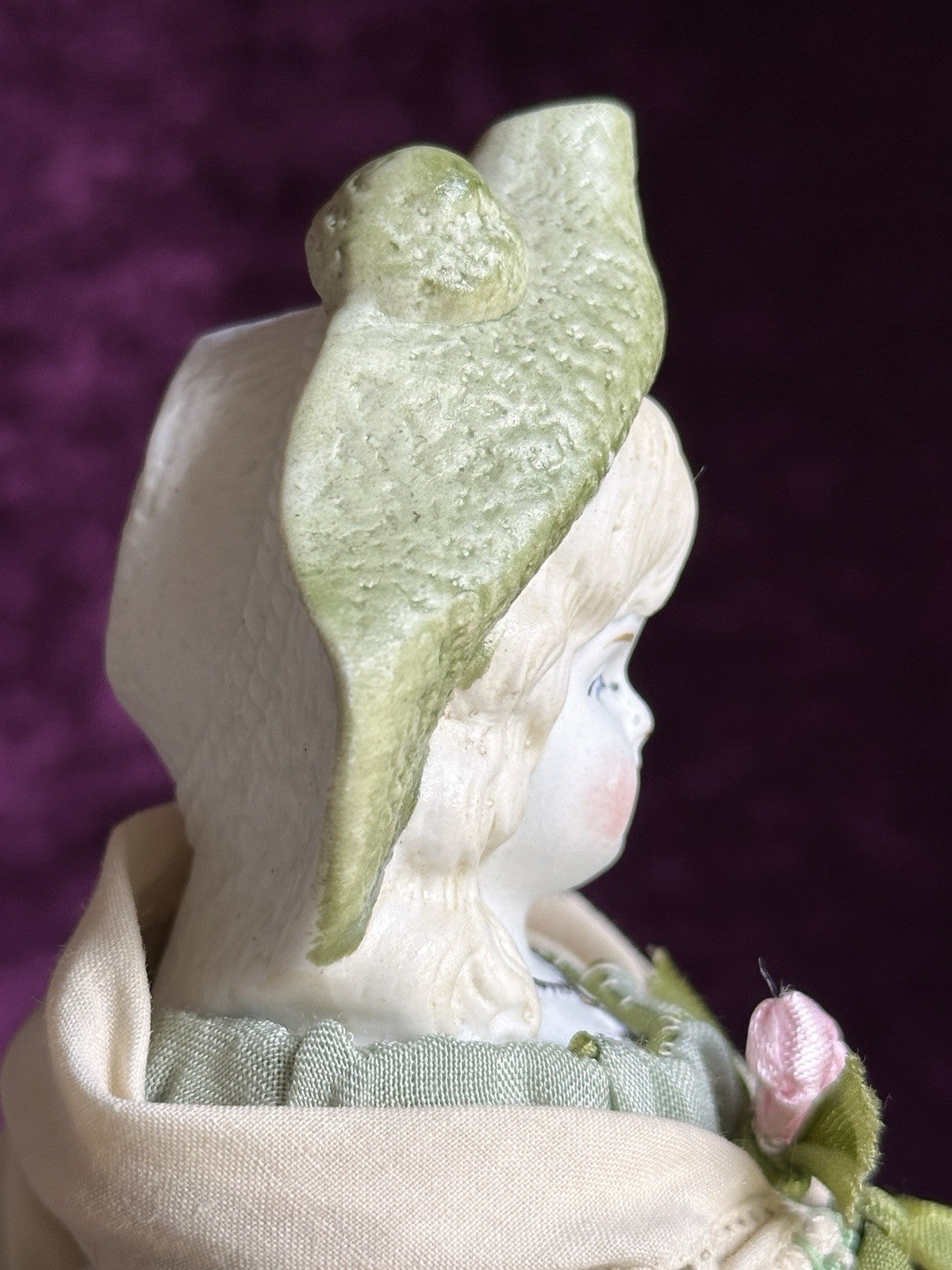 Antique German Hertwig 10.5” Molded Bonnet Parian China Bisque Head Doll