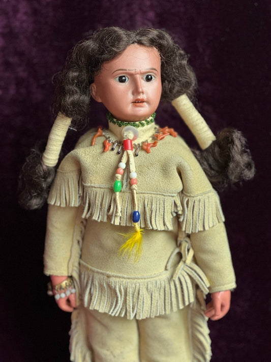 Rare Large Antique German 13” Native American Indian Bisque Head Doll Cloth Body