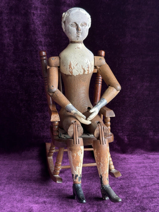 Rare Early American 15” Joel Ellis Metal Wood Jointed Doll
