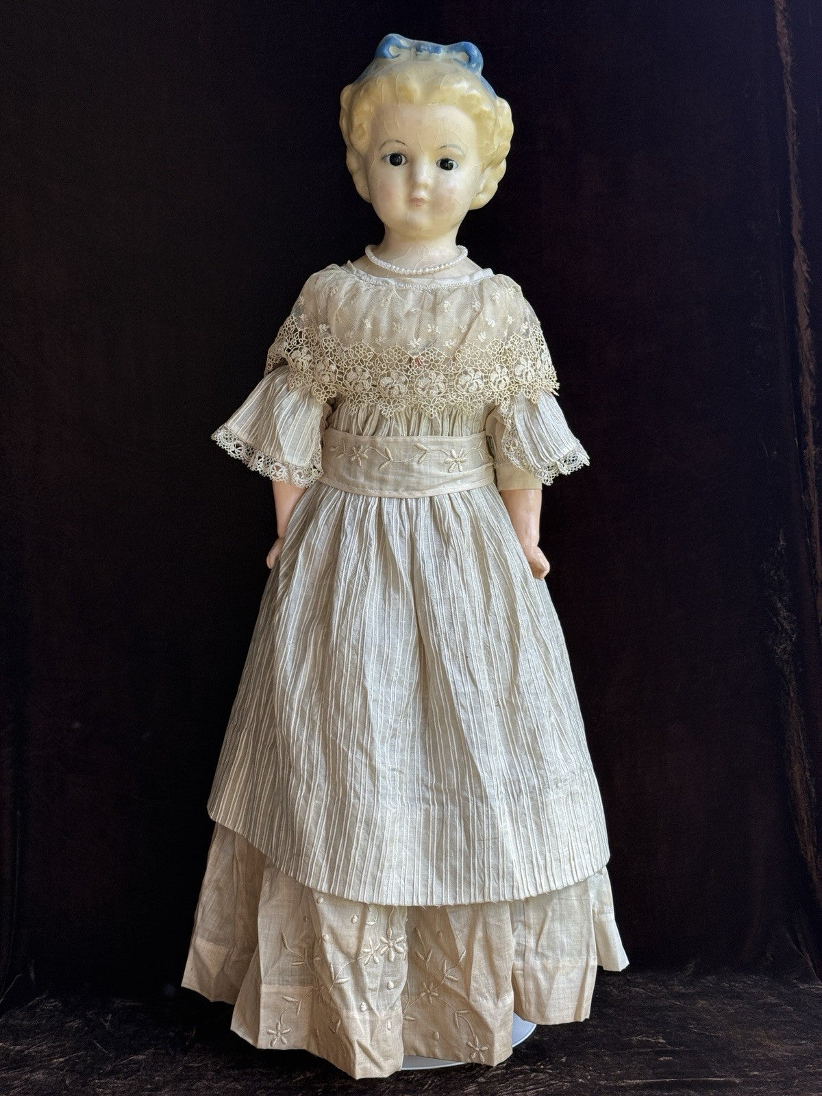 Large Antique German 30” Wax Over Papier Mache Alice Molded Bow Doll