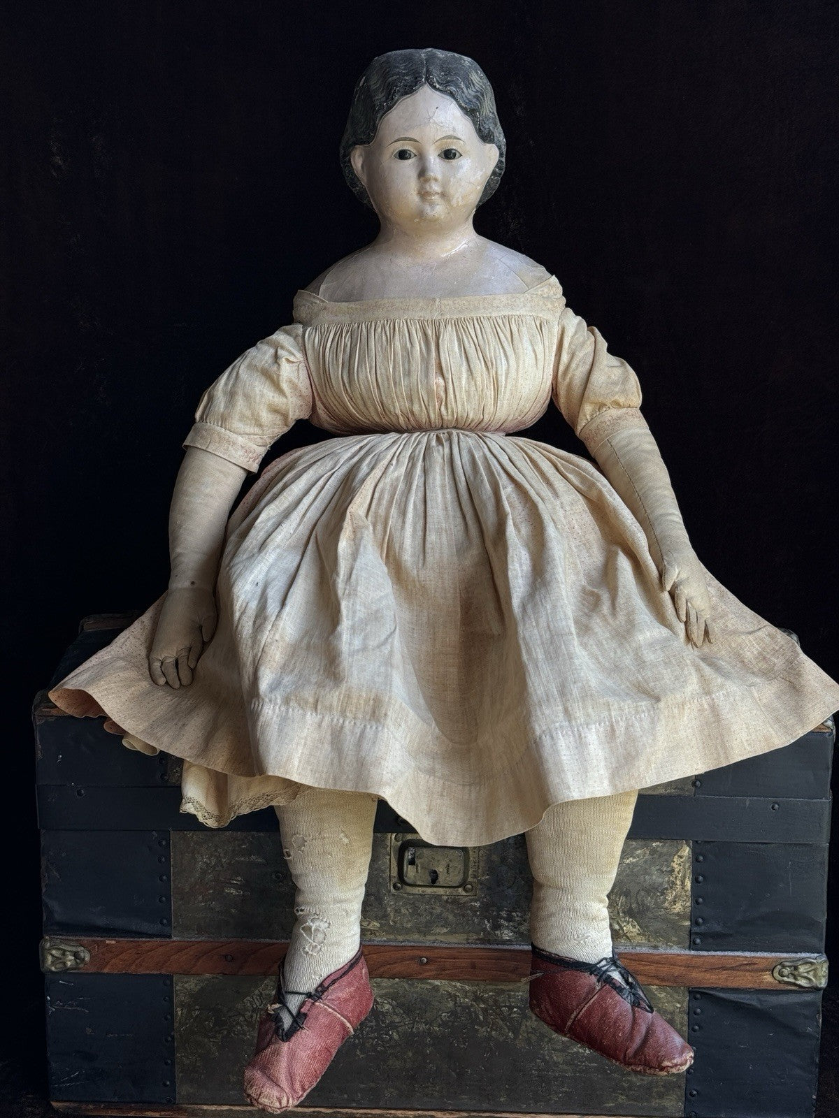 Large Antique American/German 25.5” Greiner Style Papier Mache Glass Eyes Doll