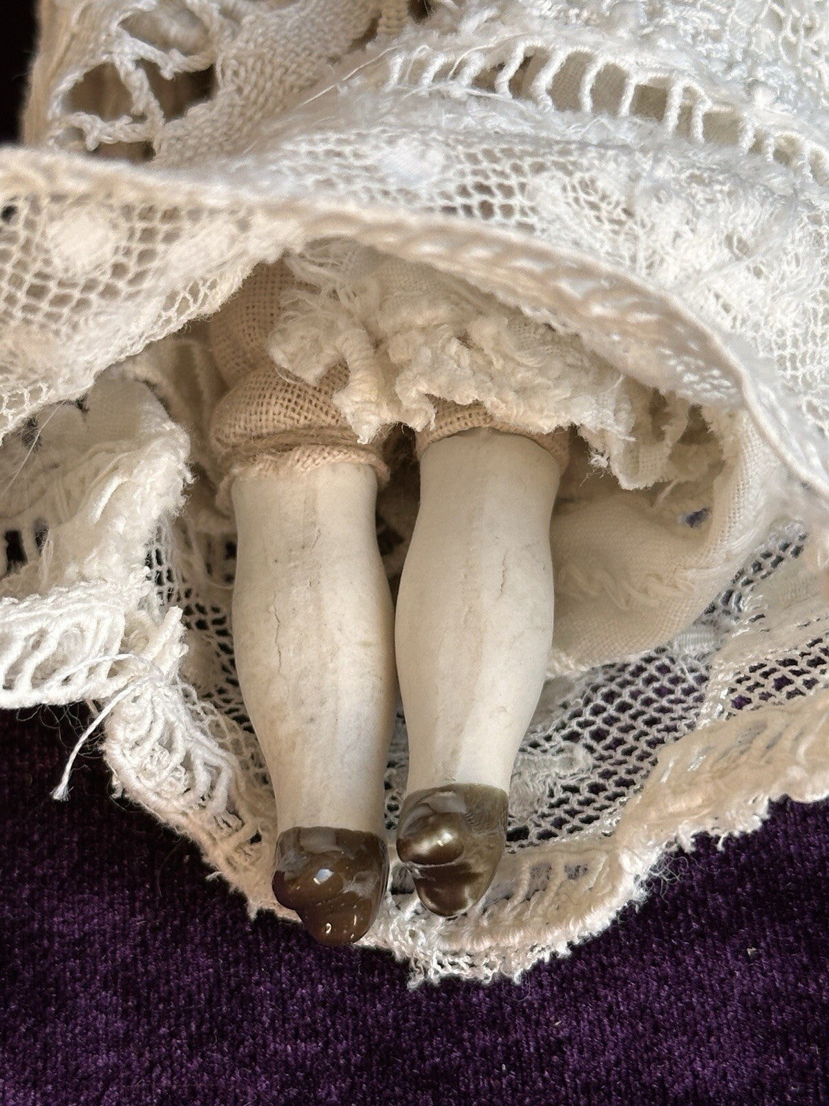 Antique German Miniature  7.5” Hertwig Molded Hat Parian Bisque Head China Doll