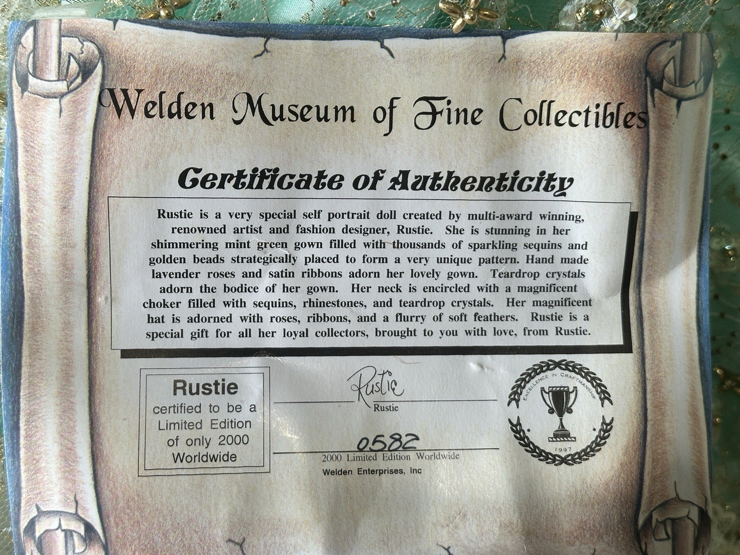 Collectible Large 42” Porcelain Doll “Rustie ” by Rustie LE 2000 COA/Stand