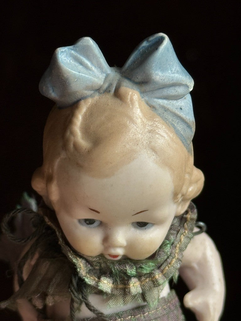 Antique German Hertwig Miniature 4" All Bisque Dollhouse Doll Molded Bow