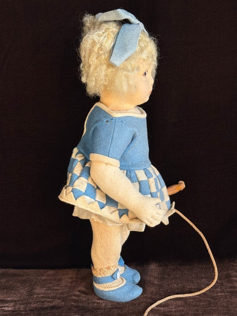 Vintage Italian 12” Lenci 111 Felt Cloth Character Girl Doll with Jump Rope