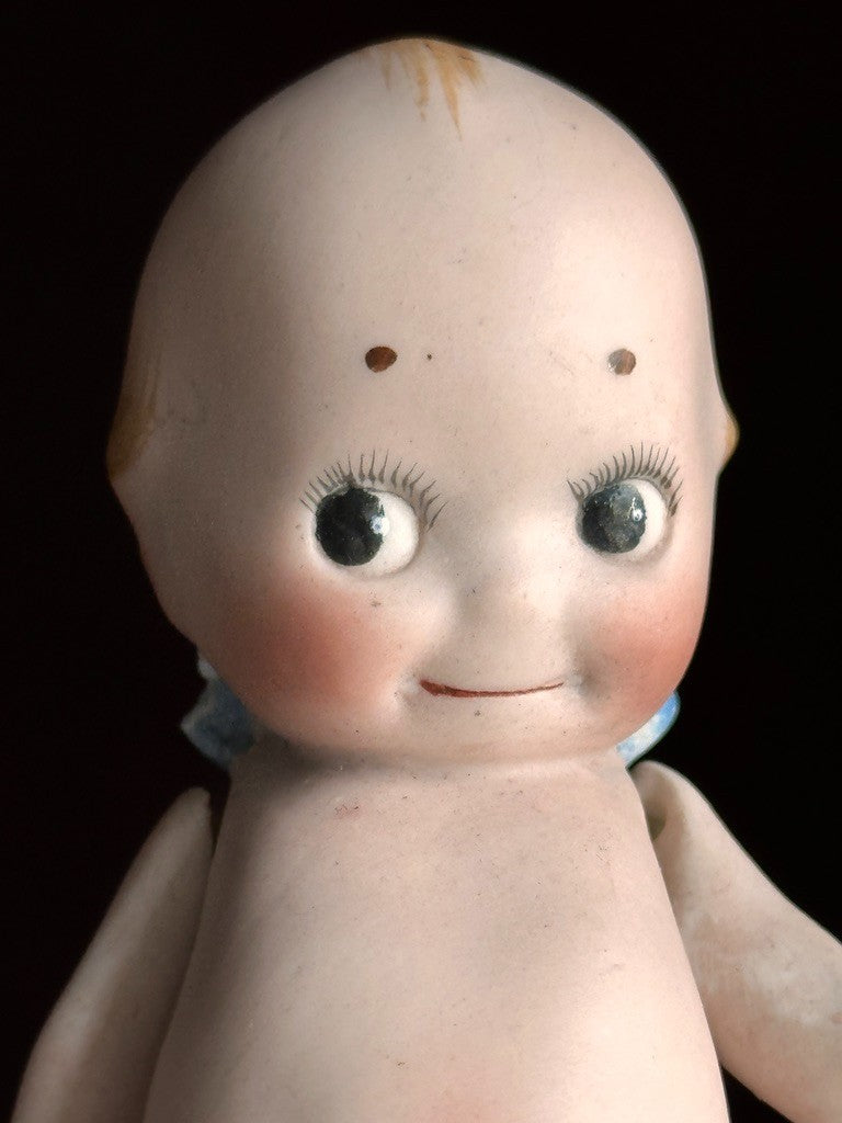 Rare Antique Rose O’Neill All-Bisque 5.125” Kewpie Doll  Blue Wings Jointed Legs