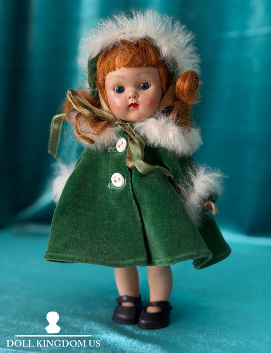 Vintage 1950’s Vogue Hard Plastic SLW Ginny Doll Green Fur Trimmed Coat Outfit