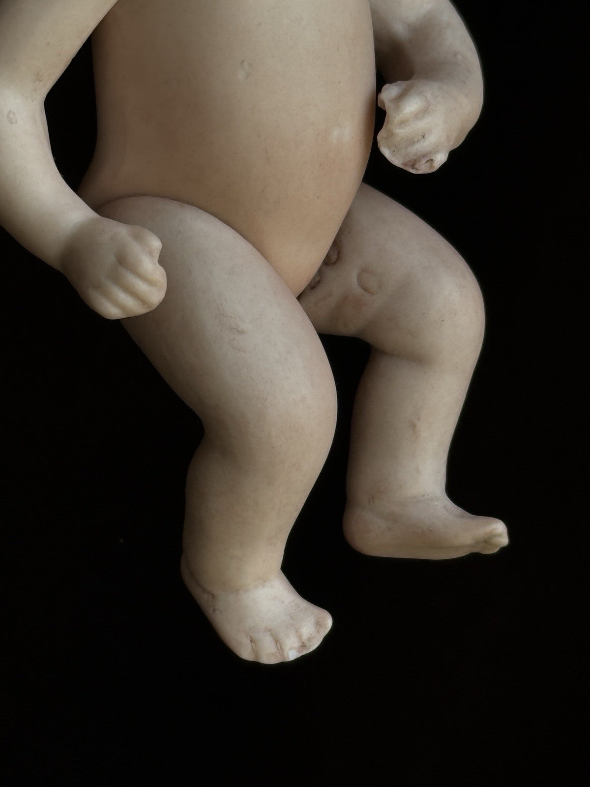 Antique German 3.75” Kestner All Bisque Baby Doll with Cradle and Bottle