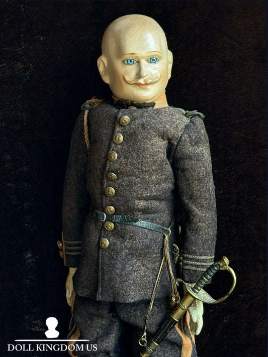 Rare Antique French Soldier 18.5” Papier Mache Composition Character Doll