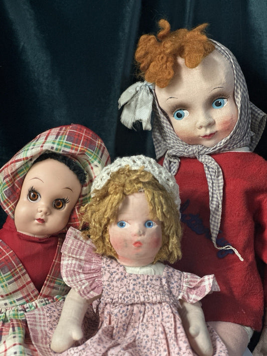 Lot Of 3 Vintage Stuffed Cloth 16”; 22” and 33” Dolls