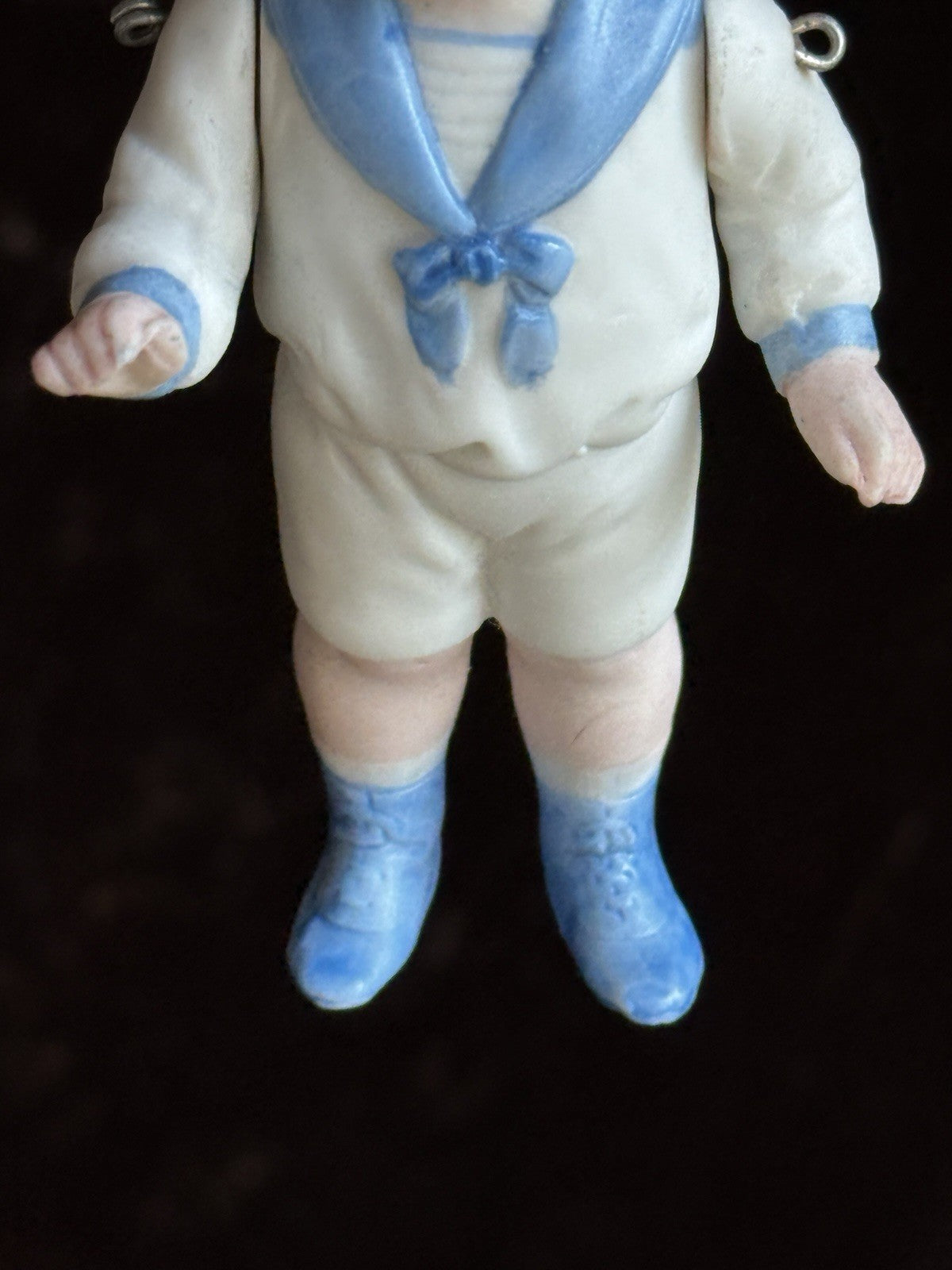 Antique German 4.25” All Bisque Miniature Dollhouse Doll Molded Sailor Outfit