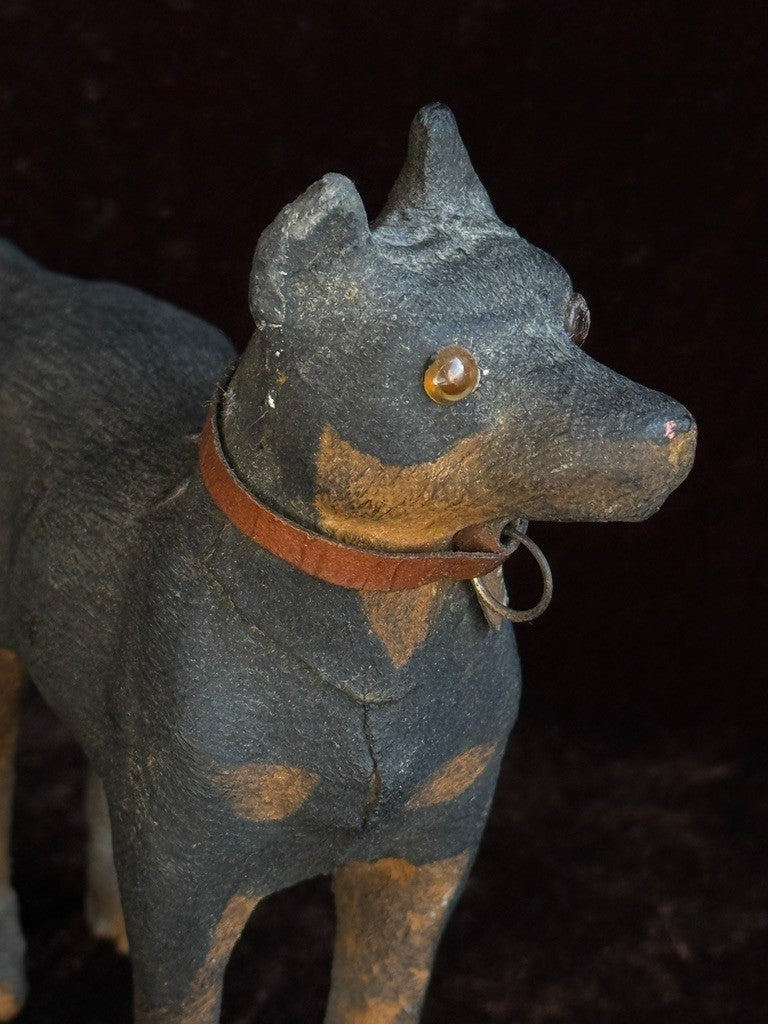 Antique German Papier-Mâché Doberman Pinscher Dog on Wheels Pull Toy