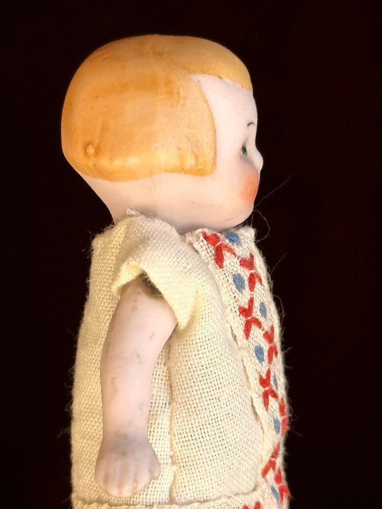 Antique German 2.75” Hertwig Dollhouse All Bisque Googly Eyes Miniature Doll