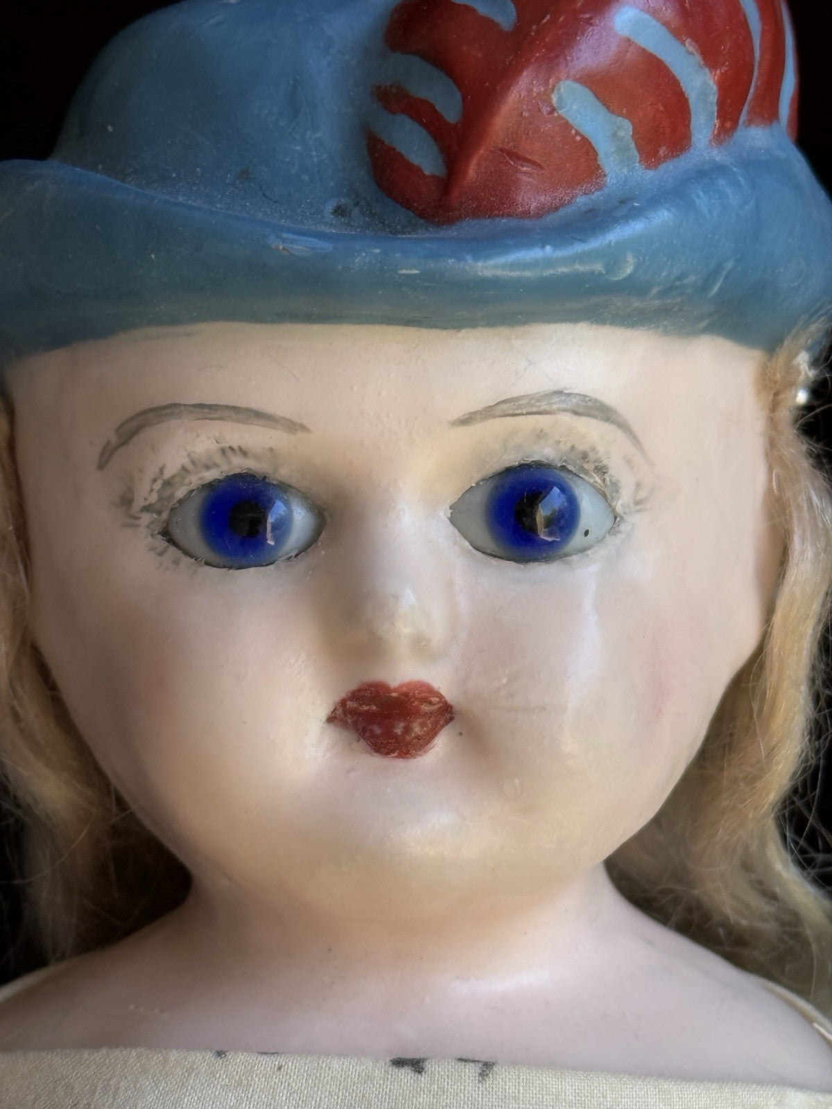 Rare Antique German 20” Wax Over Papier Mache Molded Hat Doll