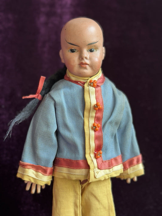 Rare Antique 13” German (?) Papier-Mâché/Composition/Cloth Oriental Asian Doll