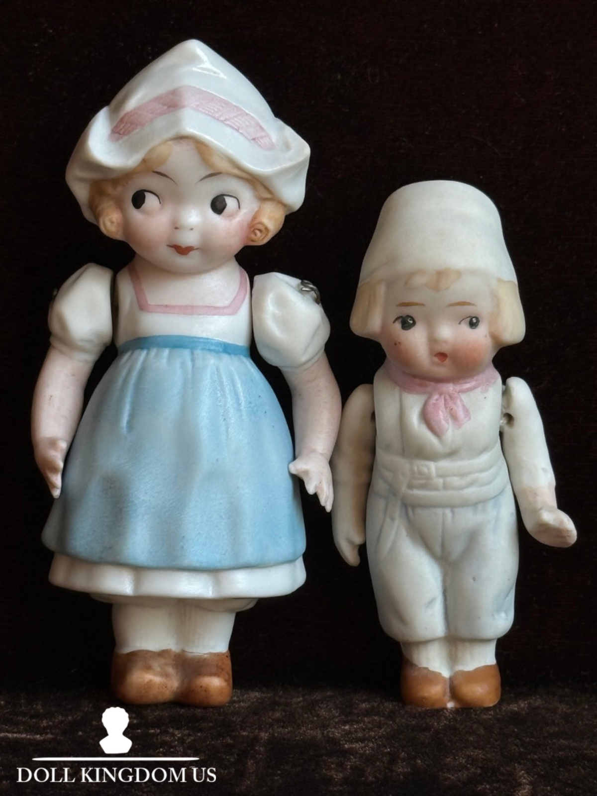 Lot of 2 Antique German and Japan Miniature All Bisque Dutch Dolls