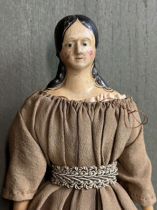 Antique German 10.325” Milliners Long Ringlets Papier Mache Wood Doll
