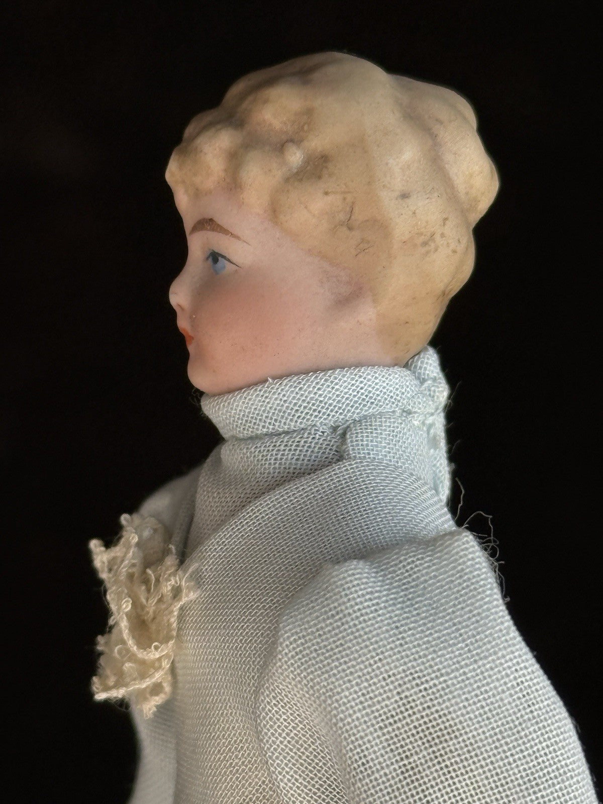 Antique German 5” Bisque Cloth Miniature Dollhouse Parian Doll with Bun