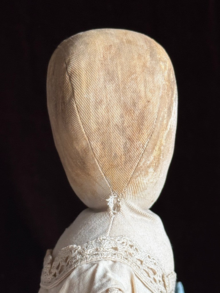 Antique American Moravian Style 16" Primitive Folk Art Cloth Rug Portrait Doll