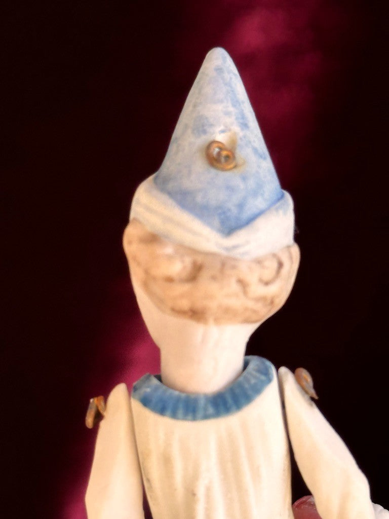 Antique German 4.375” Miniature All Bisque Jester Clown Dollhouse Doll