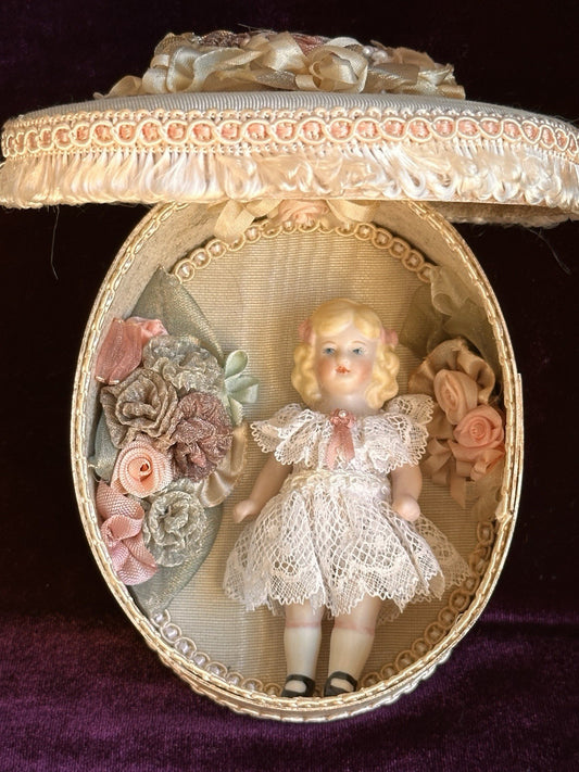 All Porcelain 3.75” Repro of Antique German Girl Doll in Presentation Box