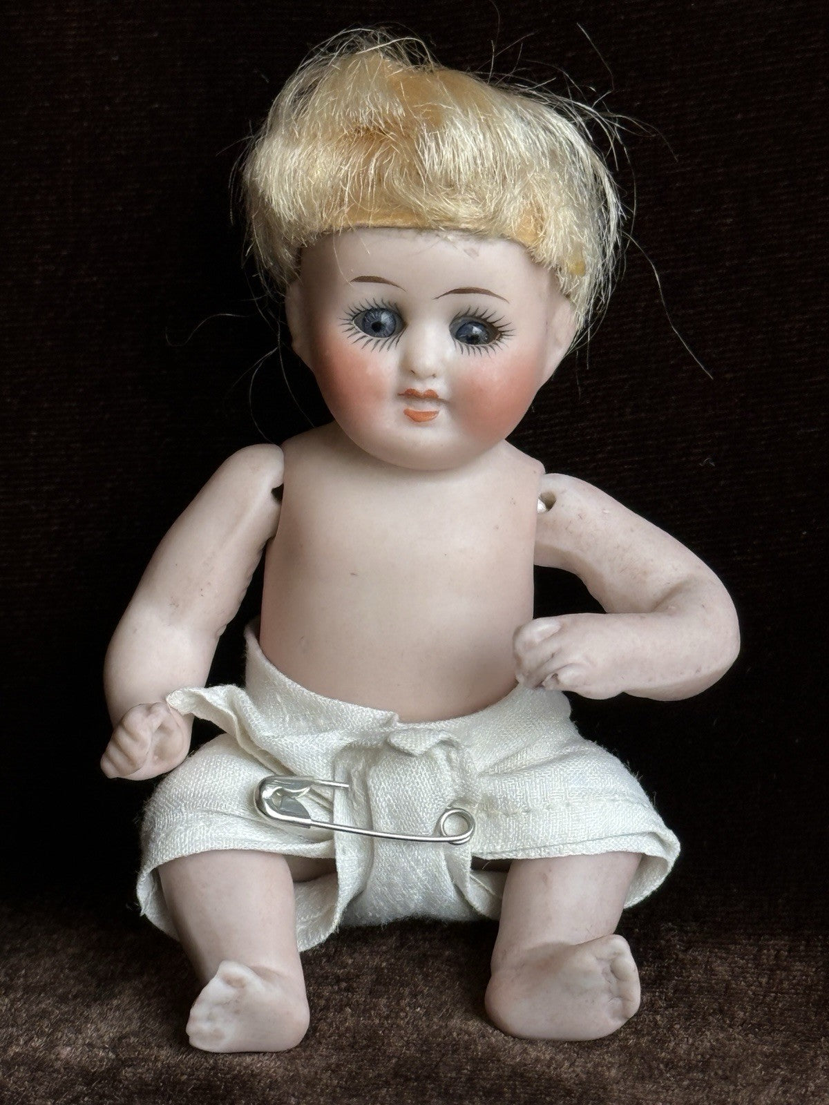 Antique German 3.75” Kestner All Bisque Baby Doll with Cradle and Bottle