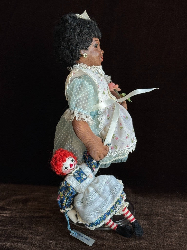 Vintage 11" Frances Ravca African American Artist Cloth Doll with Raggedy + Tag