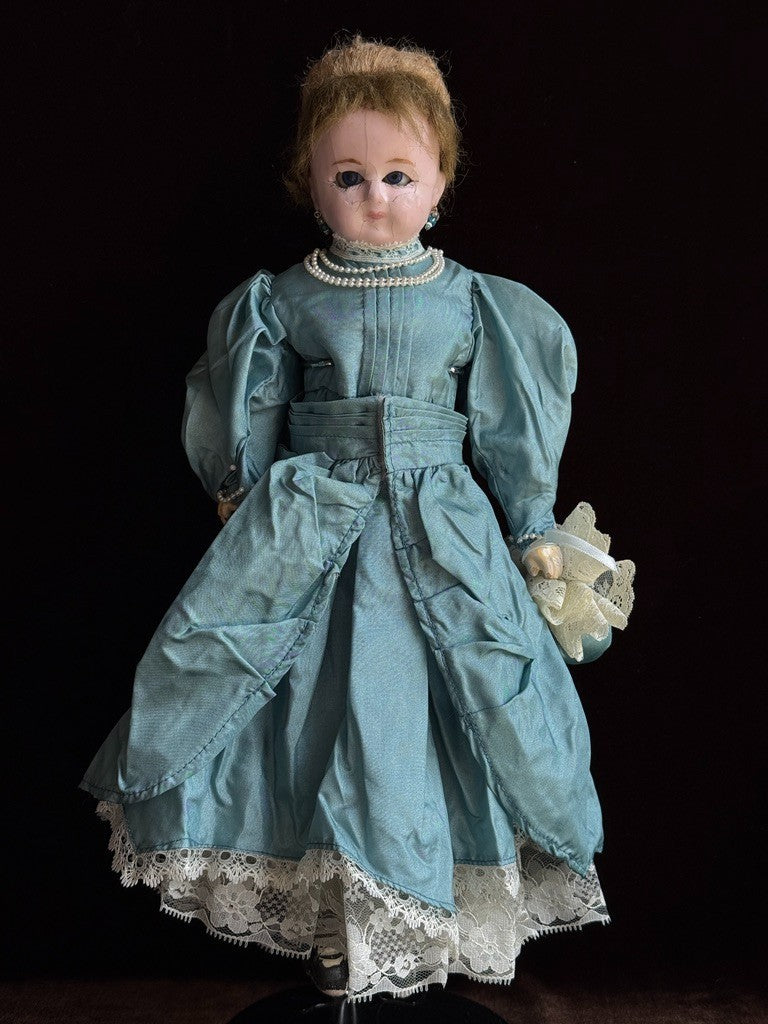 Antique German 16” Wax over Papier Mache Shoulder Head Cloth Body Fashion Doll