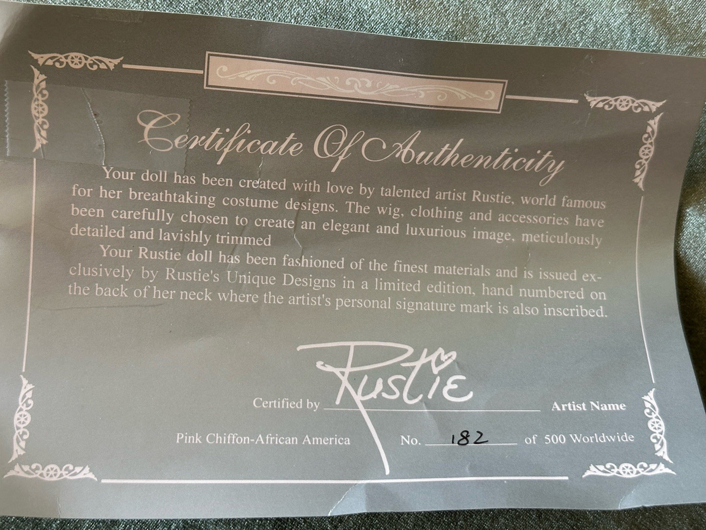Collectible 26” Porcelain Doll “Pink Shiffon” by Rustie LE 500 Tag/ COA/Stand