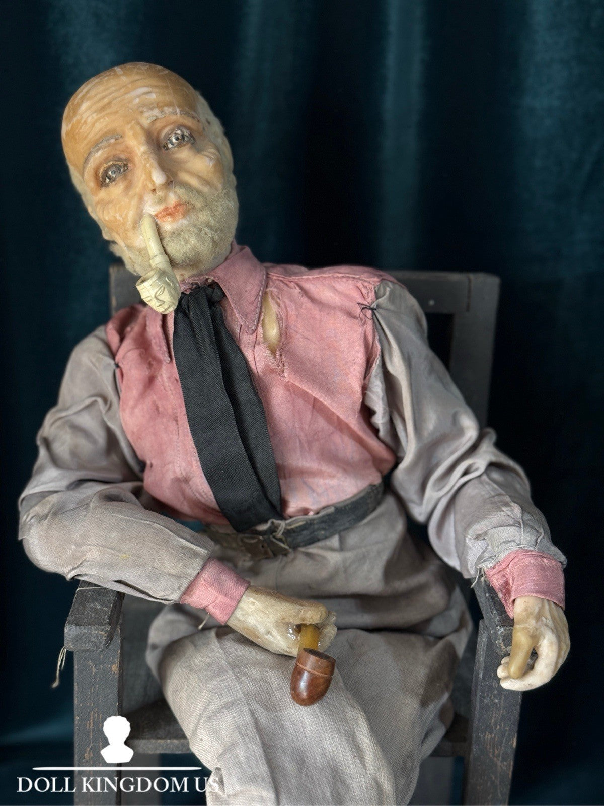Unidentified Antique (?) Wax Doll Old Men In The Wooden Chair Smoking Pipe