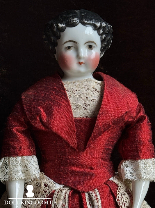 Antique German 14” Flat Top China Head Fashion Doll with Brown Eyes