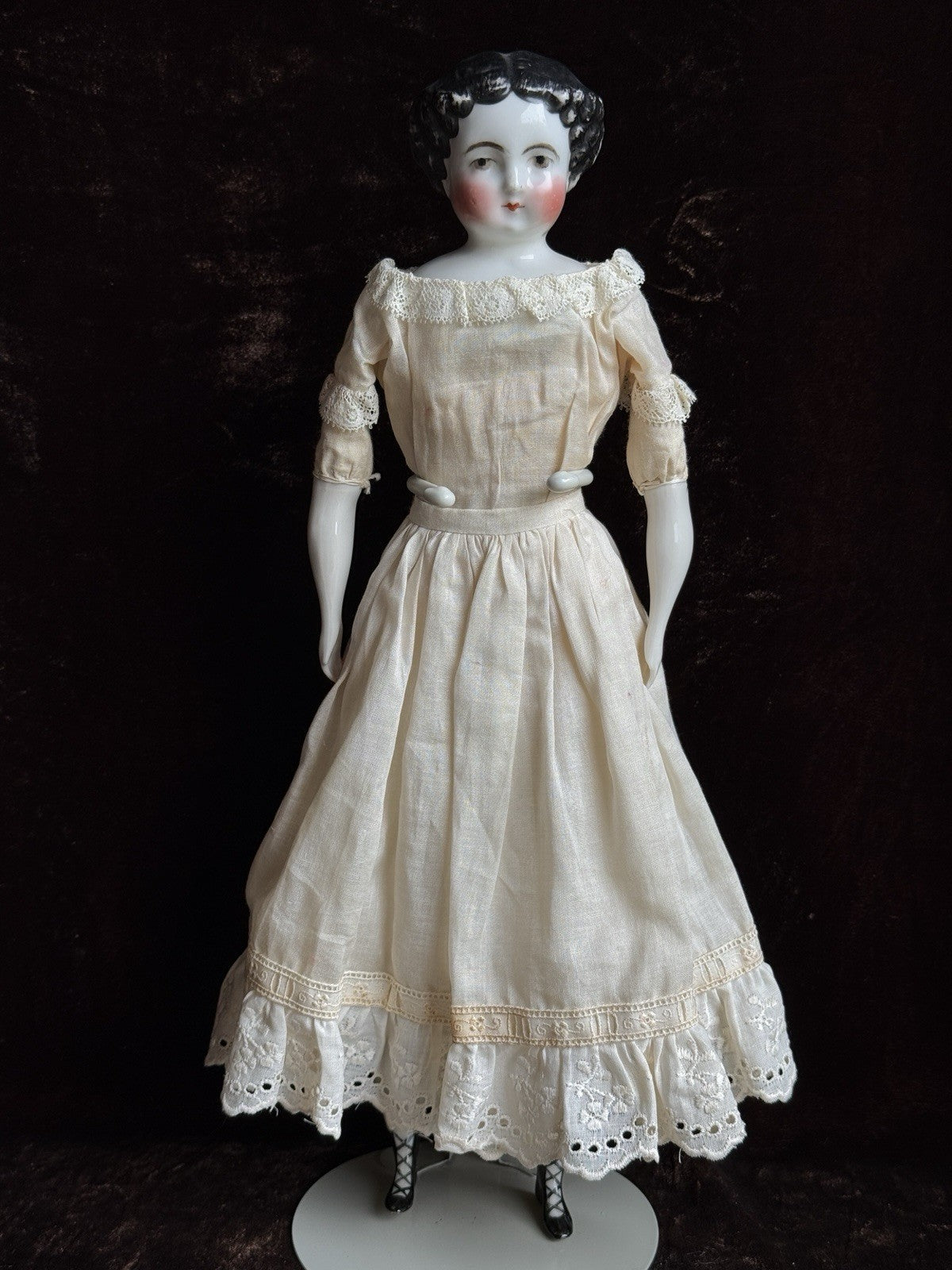 Antique German 14” Flat Top China Head Fashion Doll with Brown Eyes