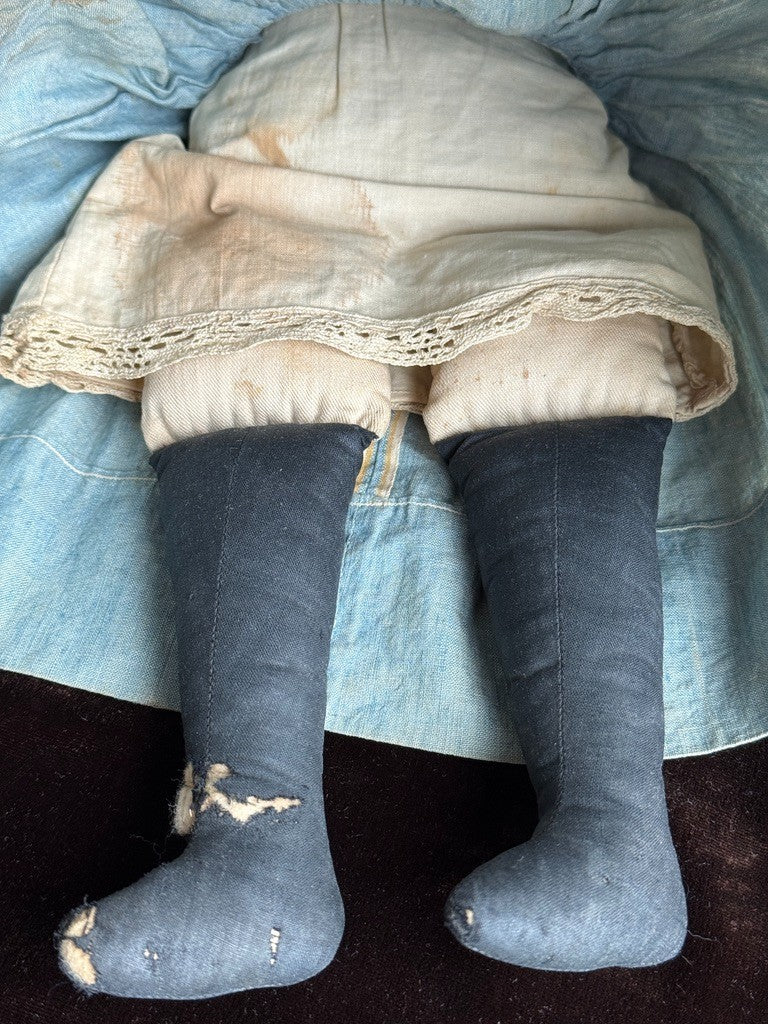 Antique American Moravian Style 16" Primitive Folk Art Cloth Rug Portrait Doll