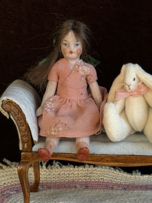 Antique German Miniature 3.125” All Bisque Dollhouse Girl Doll