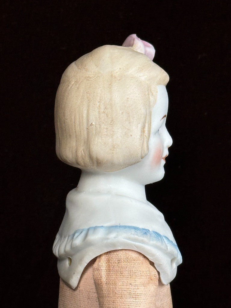 Antique German Hertwig 12” Bisque Molded Shoulder Plate and Bow Girl Doll