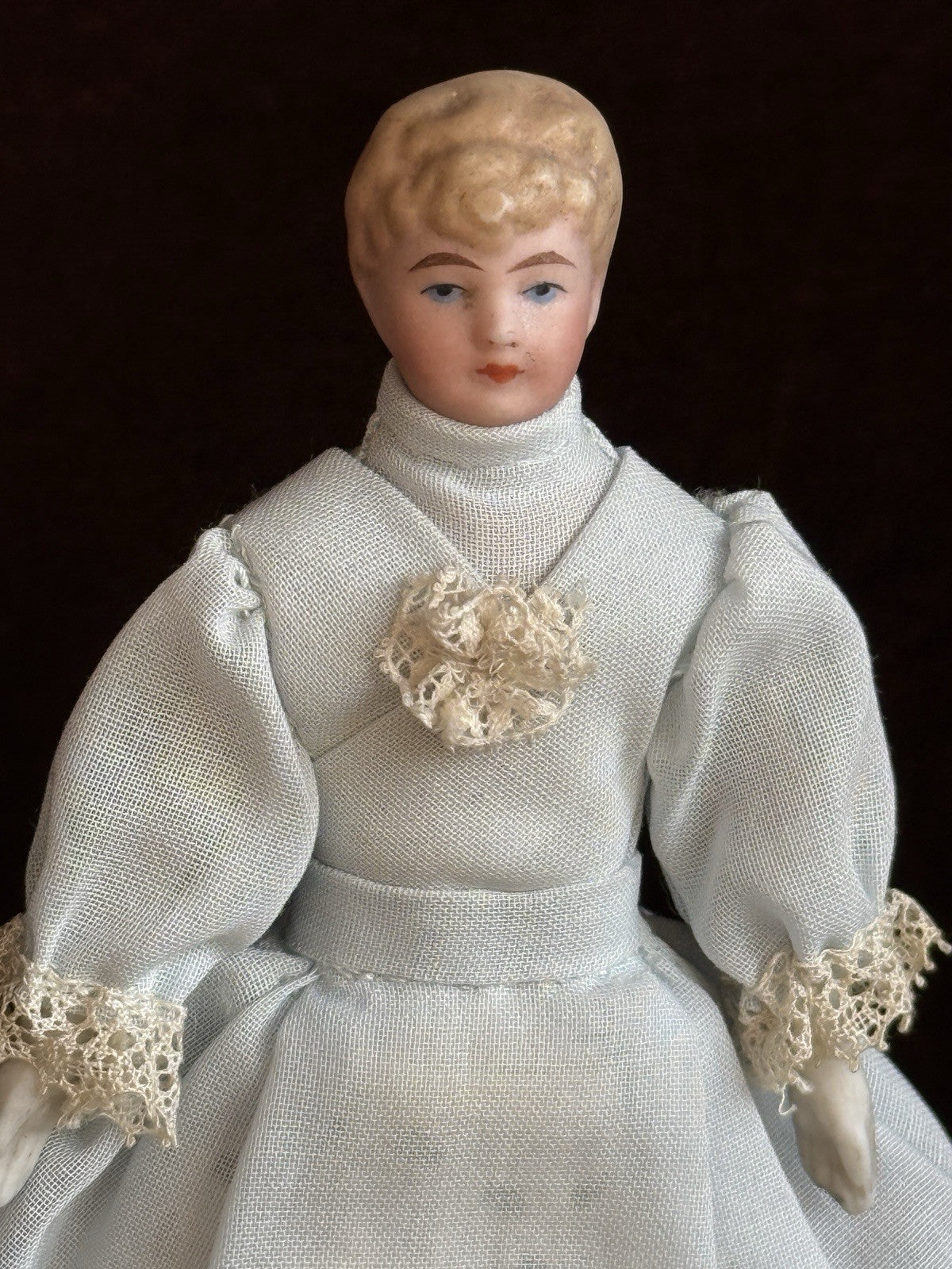 Antique German 5” Bisque Cloth Miniature Dollhouse Parian Doll with Bun