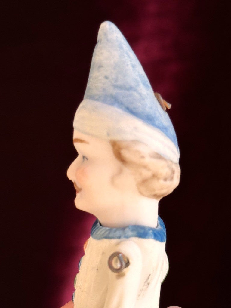 Antique German 4.375” Miniature All Bisque Jester Clown Dollhouse Doll