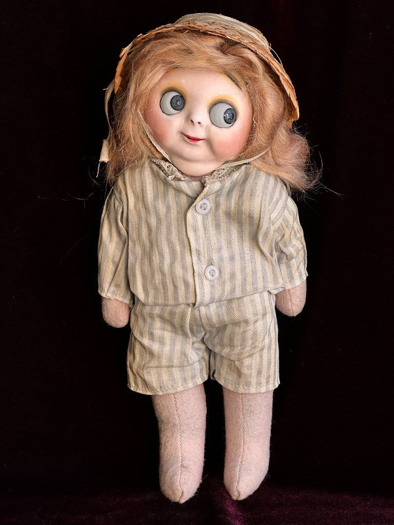 Antique German 9.5" Hug Me Kiddie Felt Composition Face Mask Googly Eyes Doll