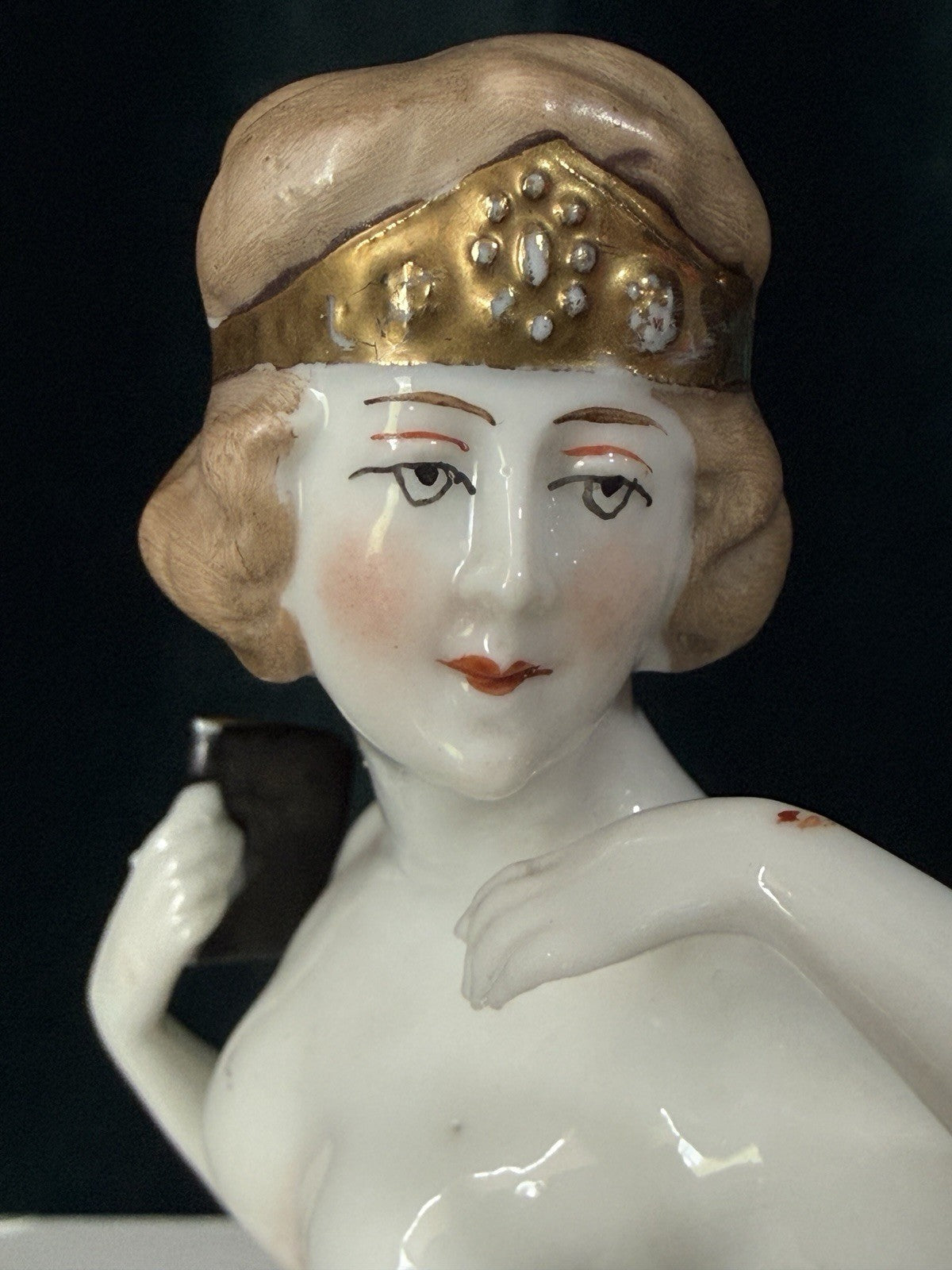 Antique German Art Deco Pin Cushion Half Doll Lady with Gold Hair Crown Band