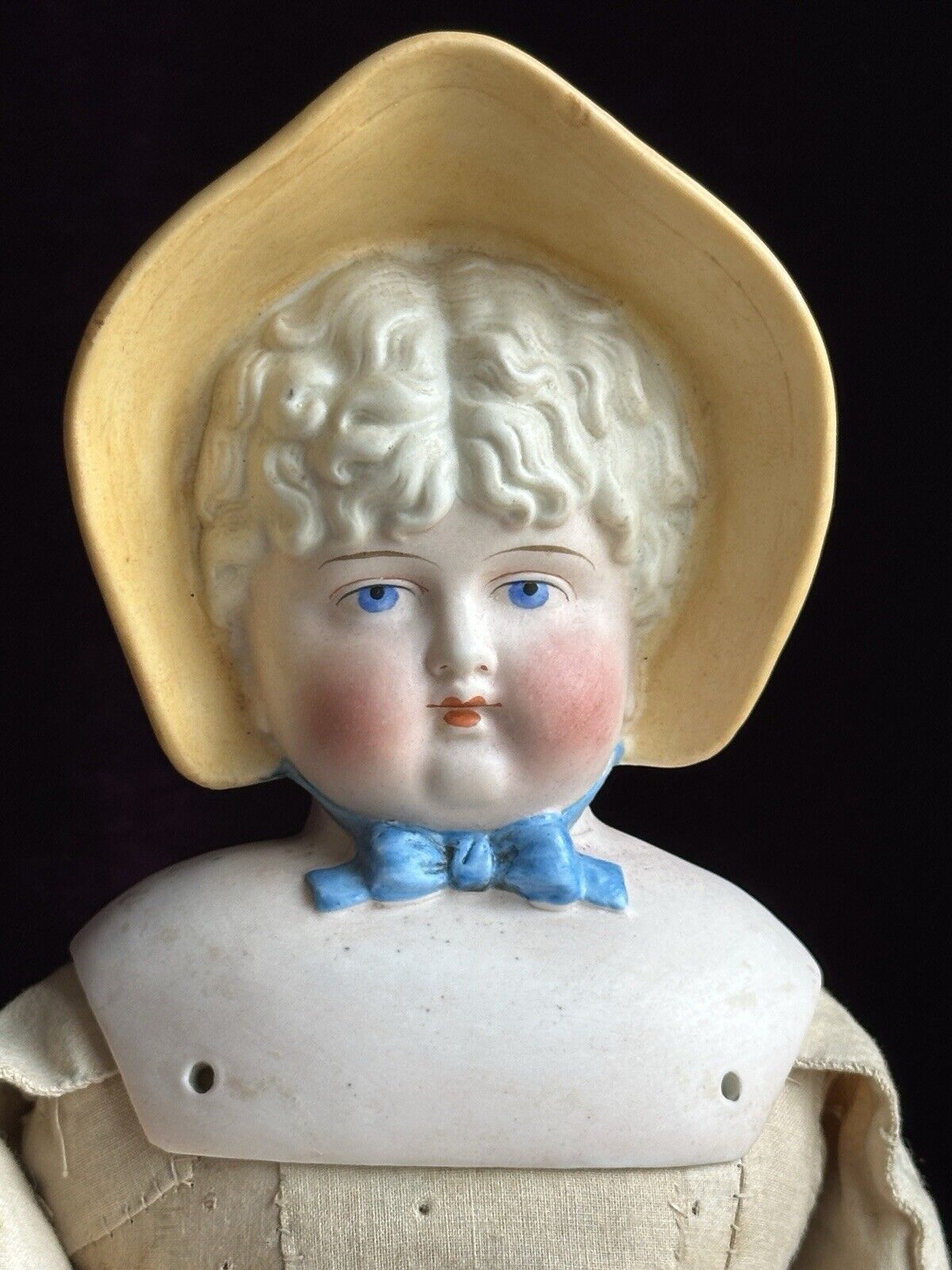 Rare Large Antique German 23” Hertwig (?) Molded Bonnet Bisque Head Parian Doll