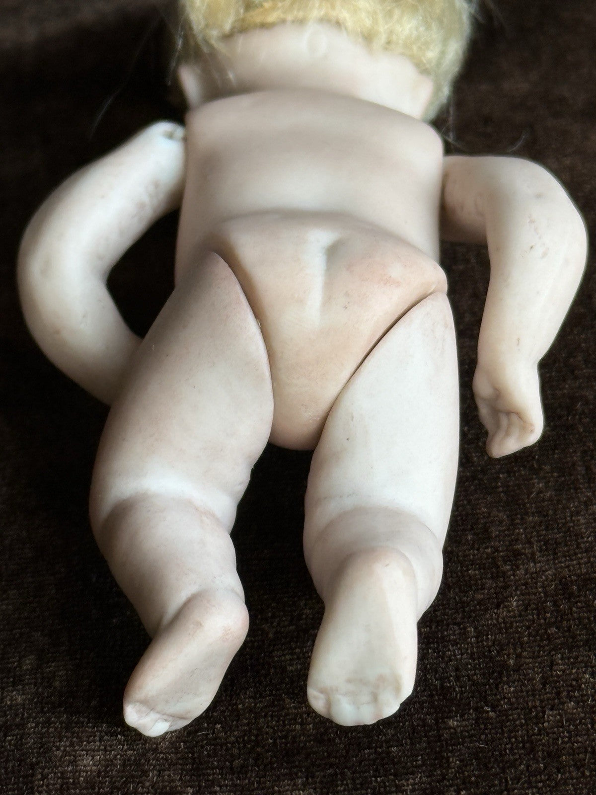 Antique German 3.75” Kestner All Bisque Baby Doll with Cradle and Bottle