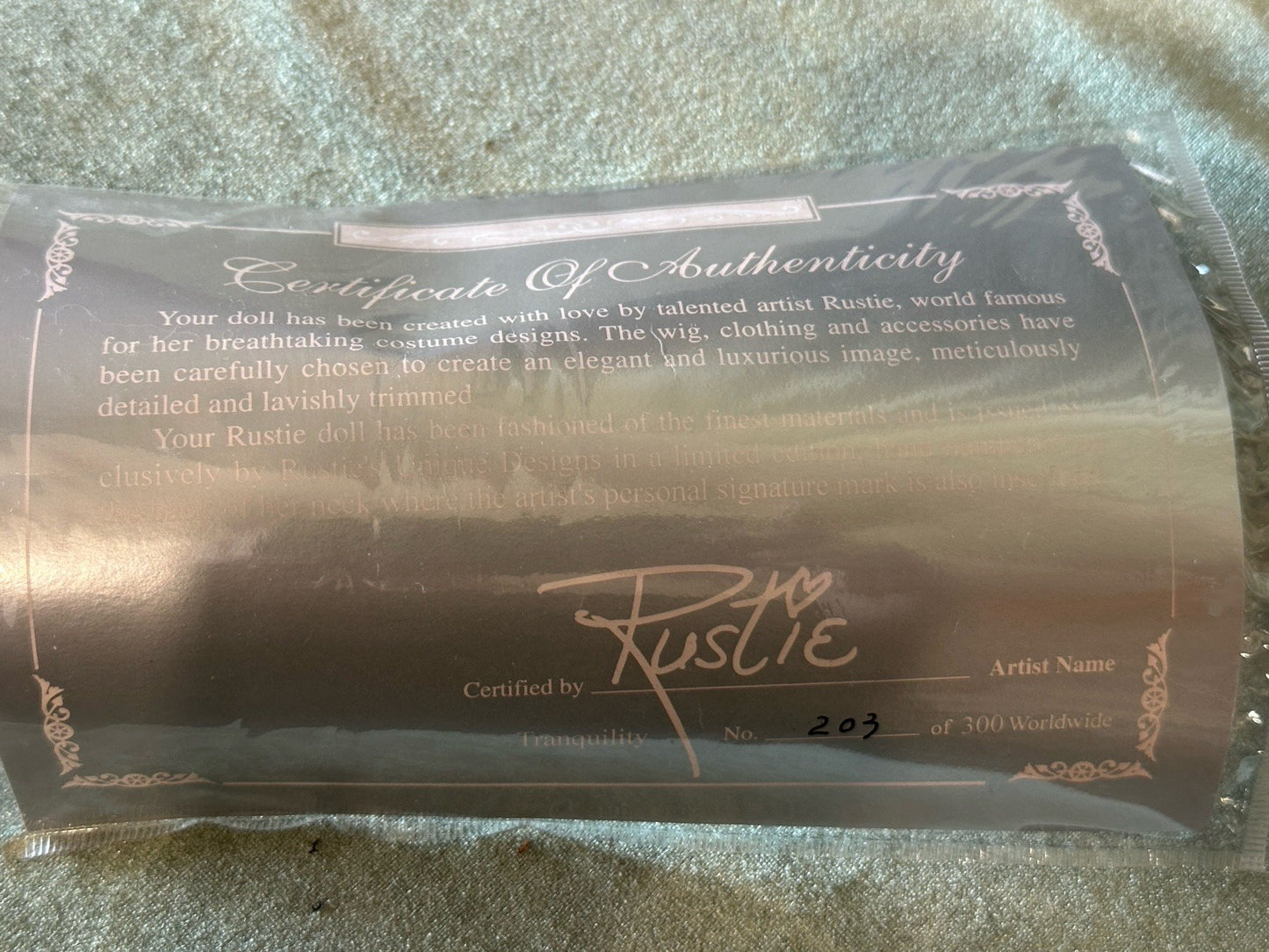 Collectible 36” Porcelain Doll “Tranquility” by Rustie LE 300 Tag/ COA/Stand