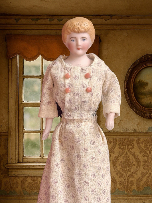 Antique German 5.75” Bisque Cloth Miniature Dollhouse Parian Doll with Bun