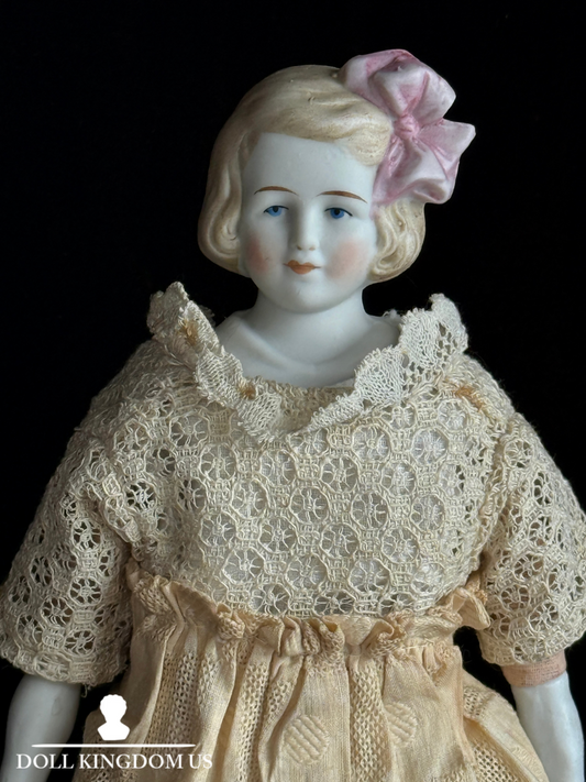 Antique German Hertwig 12” Bisque Molded Shoulder Plate and Bow Girl Doll