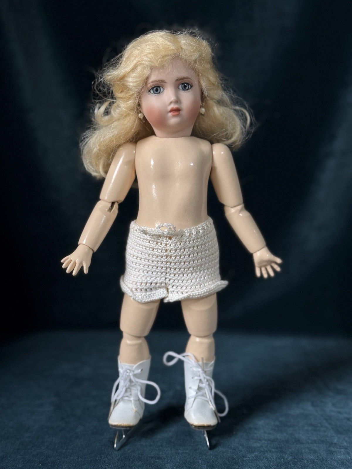 Porcelain/Composition 11” Reproduction of Antique French Bleuette Doll Skater