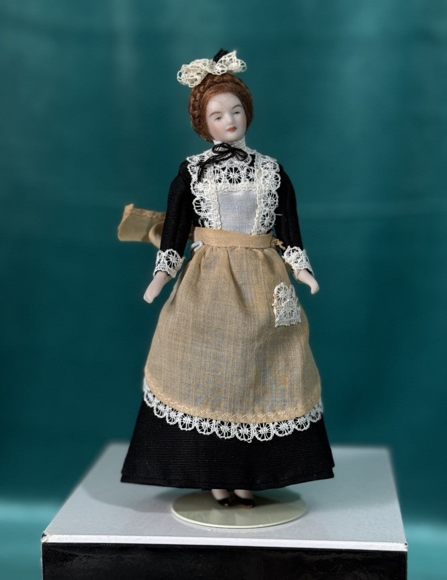 Porcelain/Cloth Reproduction Of Miniature Dollhouse 5 1/2” Maid Doll